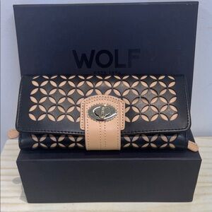 WOLF Black and Beige Laser-Cut Leather Jewelry Roll Wallet